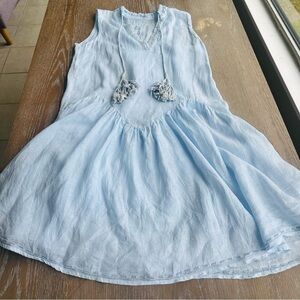 Johnny Was $300 100% Linen Dress with Cotton Slip Dress Size Small Light Blue